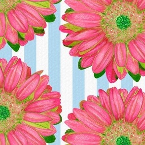 Pink Gerbera Daisies on Blue and White Stripes - Quarter Drop Repeat (Large)