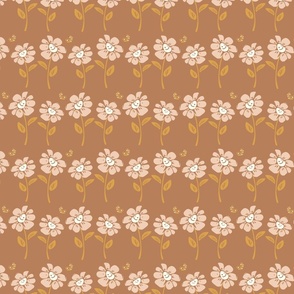 Cute Daisies wildflowers_retro toast caramel brown and pink & mustard_ small scale
