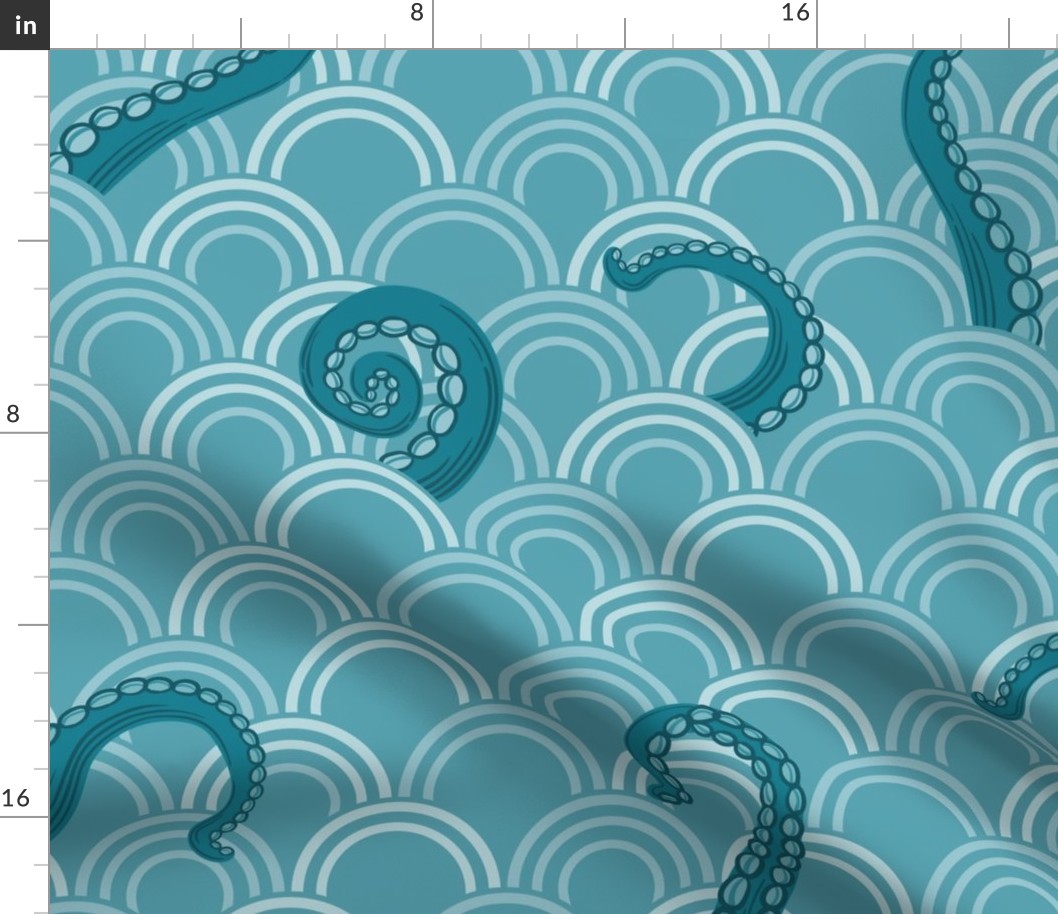 Beware the Kraken beneath the waves - sea monsters, tentacles - aqua green -  jumbo