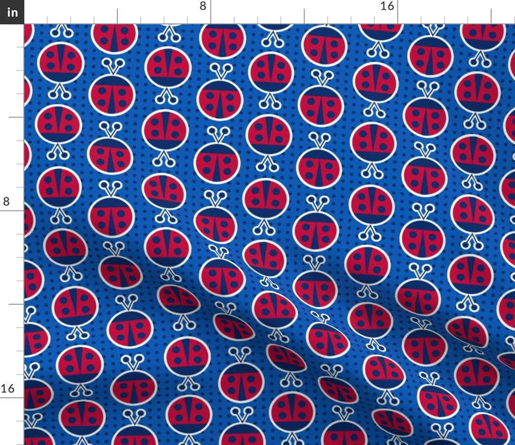 Up and Down Retro Ladybugs on Polka Dot Blue Background