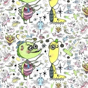 retro bugs: two bugs talking, medium large scale, black white pink yellow blue green red, funny cute pastels pastel