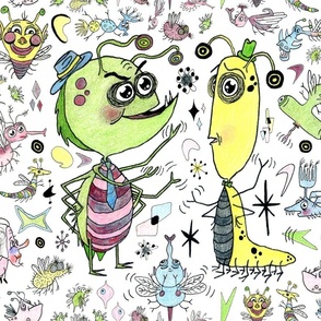 retro bugs: two bugs talking, jumbo large scale, black white pink yellow blue green red, funny cute pastels pastel