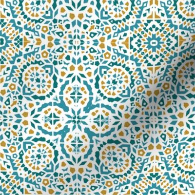 Teal and yellow Marrakesh Mini Bohemian teal, blue & rust mosaic