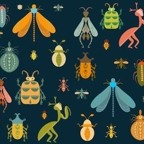 Insects, bugs, insects, dragonflies, retro colours, navy, green, teal, orange, wallpaper, home decor, dress making, bedding,  7x 6”