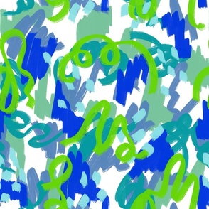 Abstract artful scribbles blue green on white copy