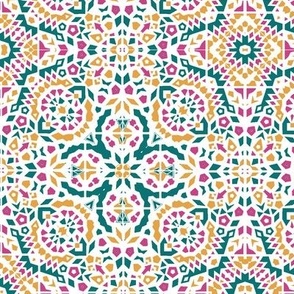 Mosaic Marrakesh Mini Bohemian teal, fuchsia and turmeric yellow mosaic on white 