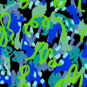 Abstract artful scribbles blue green on black copy