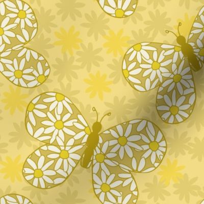 $ Large scale zesty Lemon Yellow Retro Floral Butterflies in a garden of daisies, for happy bed linen and wallpaper, nursery décor, kids apparel. 