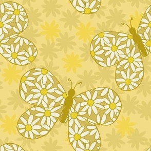 Lemon Yellow Retro Floral Butterfly - floral daisy large scale 