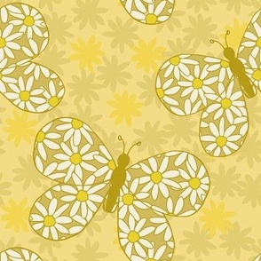 $ Large scale zesty Lemon Yellow Retro Floral Butterflies in a garden of daisies, for happy bed linen and wallpaper, nursery décor, kids apparel. 