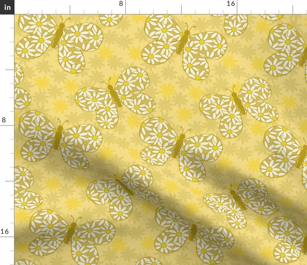 $ Large scale zesty Lemon Yellow Retro Floral Butterflies in a garden of daisies, for happy bed linen and wallpaper, nursery décor, kids apparel. 