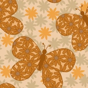 Golden Mustard Daisy Butterfly Vintage Retro medium scale wallpaper