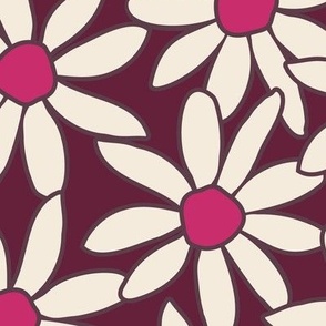 Large jumbo scale Daisy Garden Hot pink and purple daisies/sunflowers, great for apparel and home decor ,bold and modern floral pattern for dresses and apparel , adorable nursery sheets and bumper pads, bibs, burp cloths and more   