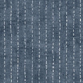 Handdrawn Pinstripe in Denim Blue (xl scale) | Dashed pinstripe fabric for shirt dress, jacket, apparel in navy and white, kantha, sashiko stitches on indigo blue.