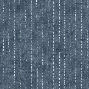 Handdrawn Pinstripe in Denim Blue (large scale) | Dashed pinstripe fabric for shirt dress, jacket, apparel in navy and white, kantha, sashiko stitches on indigo blue.