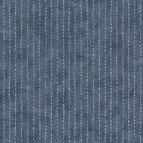 Handdrawn Pinstripe in Denim Blue | Dashed pinstripe fabric for shirt dress, jacket, apparel in navy and white, kantha, sashiko stitches on indigo blue.