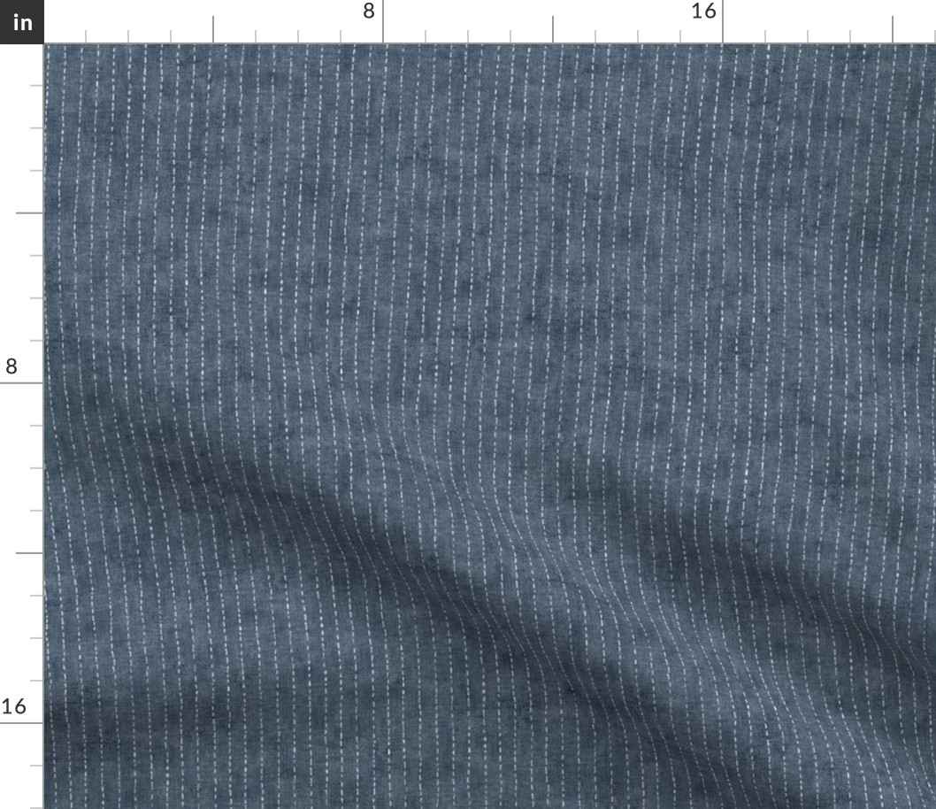 Handdrawn Pinstripe in Denim Blue | Dashed pinstripe fabric for shirt dress, jacket, apparel in navy and white, kantha, sashiko stitches on indigo blue.