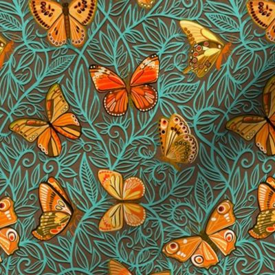 Butterfly Art Nouveau in Retro Orange and Teal - small print