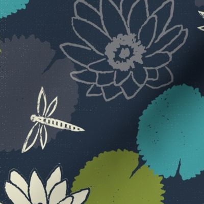 water lily dragonfly floral navy xxx scale