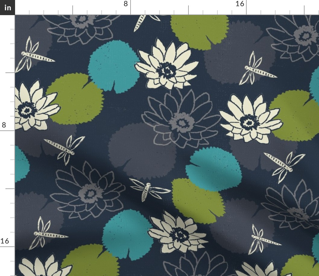 water lily dragonfly floral navy xxx scale
