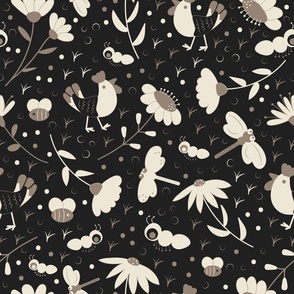 Midnight Blossoms - Gubiller - Garden - Botanicals - Flowers - Chicken - Insects - Nature - Earth Colors - Earth Tones - Neutrals