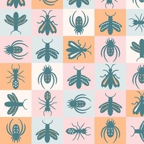 Retro Bugs in soft pastels, teal, grey, pink,  beige, orange // Med