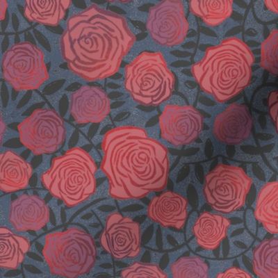 Large Wall of Roses Fairytale Bramble Tangled Vines Block Print on Midnight Blue