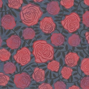 Large Wall of Roses Fairytale Bramble Tangled Vines Block Print on Midnight Blue