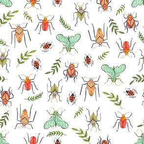 Medium - Painted Bugs and Leaves in Orange and Teal on White