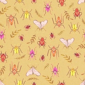 Small - Painted Bugs and Leaves in Warm Colours on Tan Linen