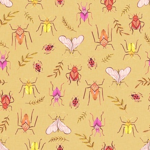 Medium - Painted Bugs and Leaves in Warm Colours on Tan Linen