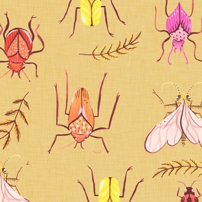 Large - Painted Bugs and Leaves in Warm Colours on Tan Linen