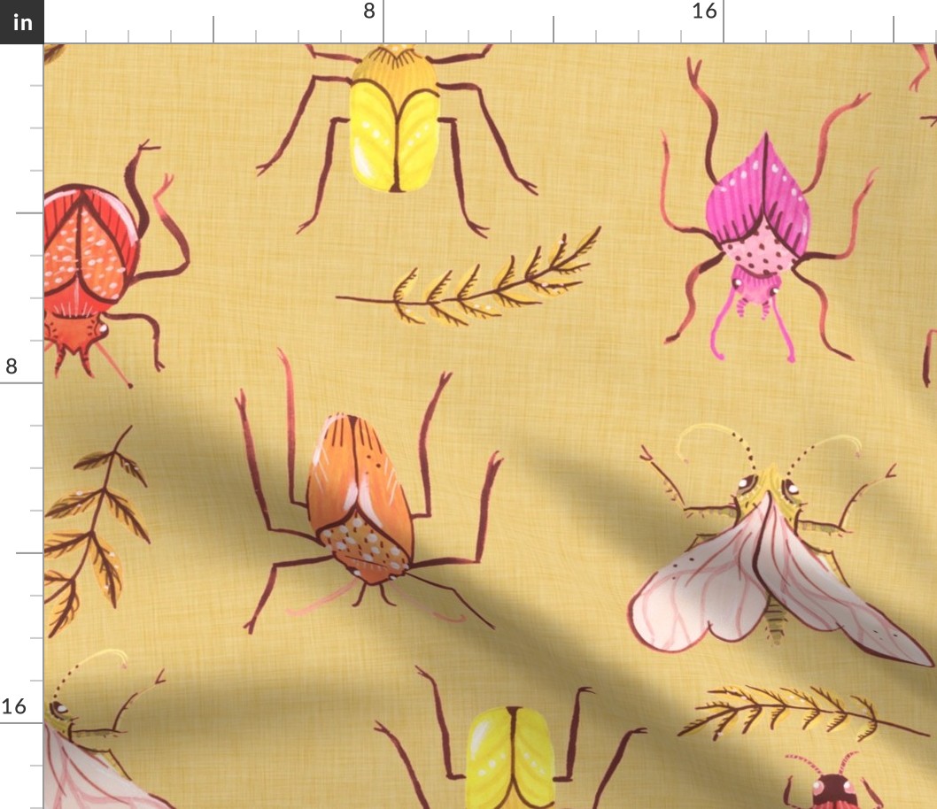Large - Painted Bugs and Leaves in Warm Colours on Tan Linen