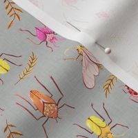 Small - Painted Bugs and Leaves in Warm Colours on Grey Linen