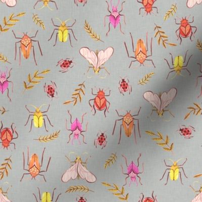 Small - Painted Bugs and Leaves in Warm Colours on Grey Linen