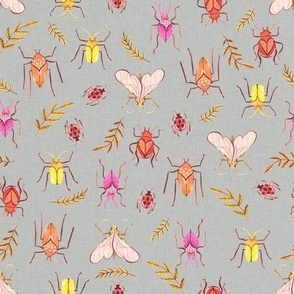 Small - Painted Bugs and Leaves in Warm Colours on Grey Linen