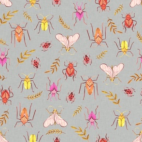 Medium - Painted Bugs and Leaves in Warm Colours on Grey Linen