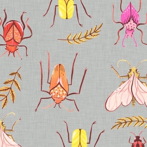 Large - Painted Bugs and Leaves in Warm Colours on Grey Linen