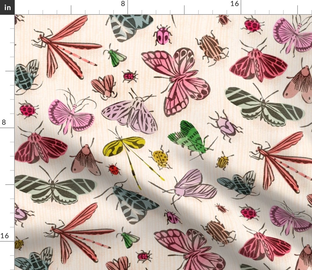 large scale Fifties Pen and Ink Bugs / multi blush pink