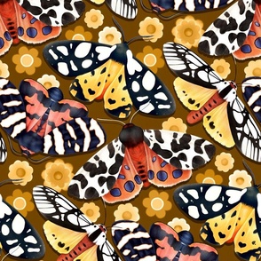 Fabulous Garden Tiger Moths -with retro 50's flowers - dark tan brown