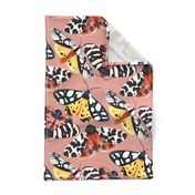 Garden Tiger Moths - on faux suede textured salmon pink 