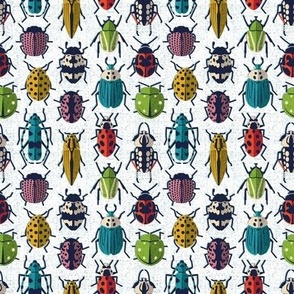 Tiny scale // These don't bug me // white background green yellow neon red orange pink blue and black and ivory retro paper cut beetles and insects