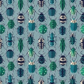 Tiny scale // These don't bug me // duck egg blue background green and teal retro paper cut retro paper cut beetles and insects