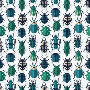 Tiny scale // These don't bug me // white background green and teal retro paper cut retro paper cut beetles and insects