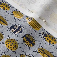 Tiny scale // These don't bug me // light grey background yellow retro paper cut beetles and insects