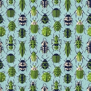 Tiny scale // These don't bug me // mint background green retro paper cut beetles and insects