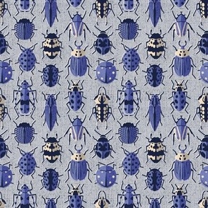 Tiny scale // These don't bug me // light grey background electric blue retro paper cut beetles and insects