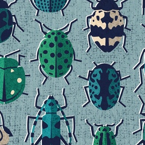 Large jumbo scale // These don't bug me // duck egg blue background green and teal retro paper cut beetles and insects