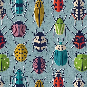 These don't bug me // normal scale // duck egg blue background green yellow neon red orange pink blue and black and ivory retro paper cut beetles and insects