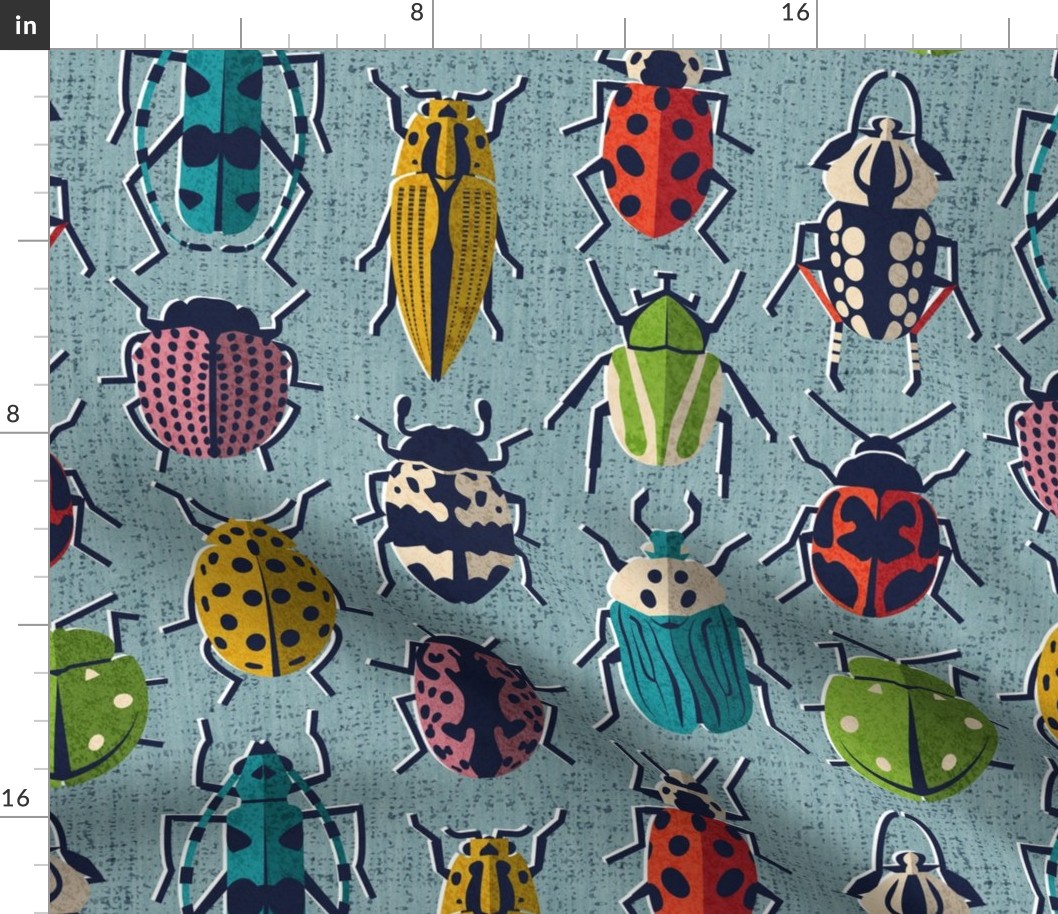 These don't bug me // normal scale // duck egg blue background green yellow neon red orange pink blue and black and ivory retro paper cut beetles and insects
